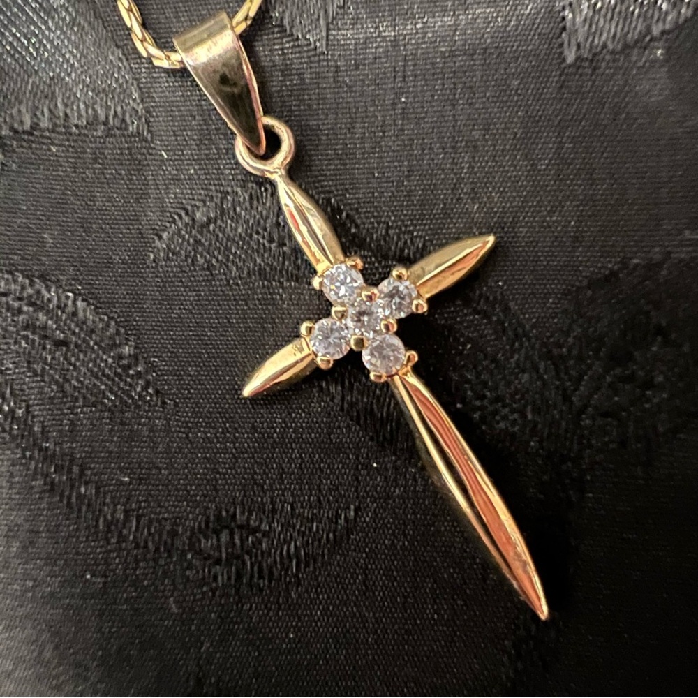 Cross CZ Pendant Necklace 18". Elegant Gold Over 925 Sterling Silver. 5 …